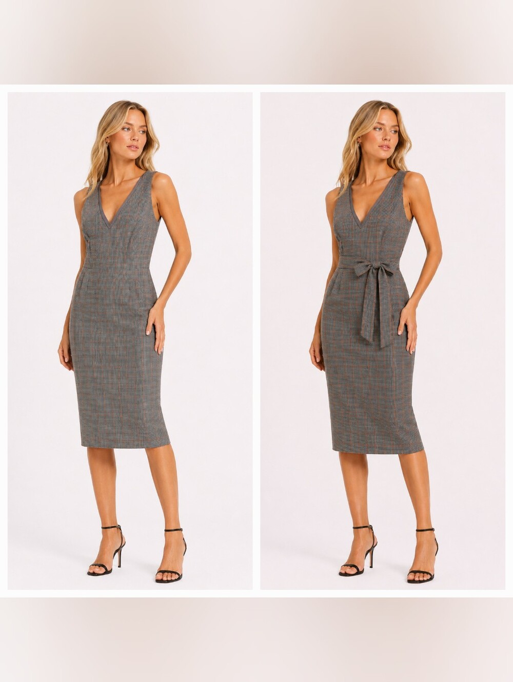 ANTONIO MELANI Size 6 Gray Glen Plaid V-Neck Midi Sheath Dress